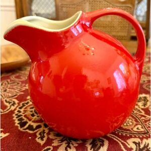 Hall China Red Ball Pitcher, Vintage Ice Lip Jug, Mid Century Kitchenware